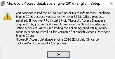 ͨExcelⲿԴACCESSݿʱδע OLE DB ʽӿڣڰװAccessDatabaseEngineʱһֱʾ64λ޷װ32λOFFICEϵͳYou cannnot install the 64-bit version of Microsoft Access DatabaseEngine 2016 because you currently have 32-bit office productsinstalled, 